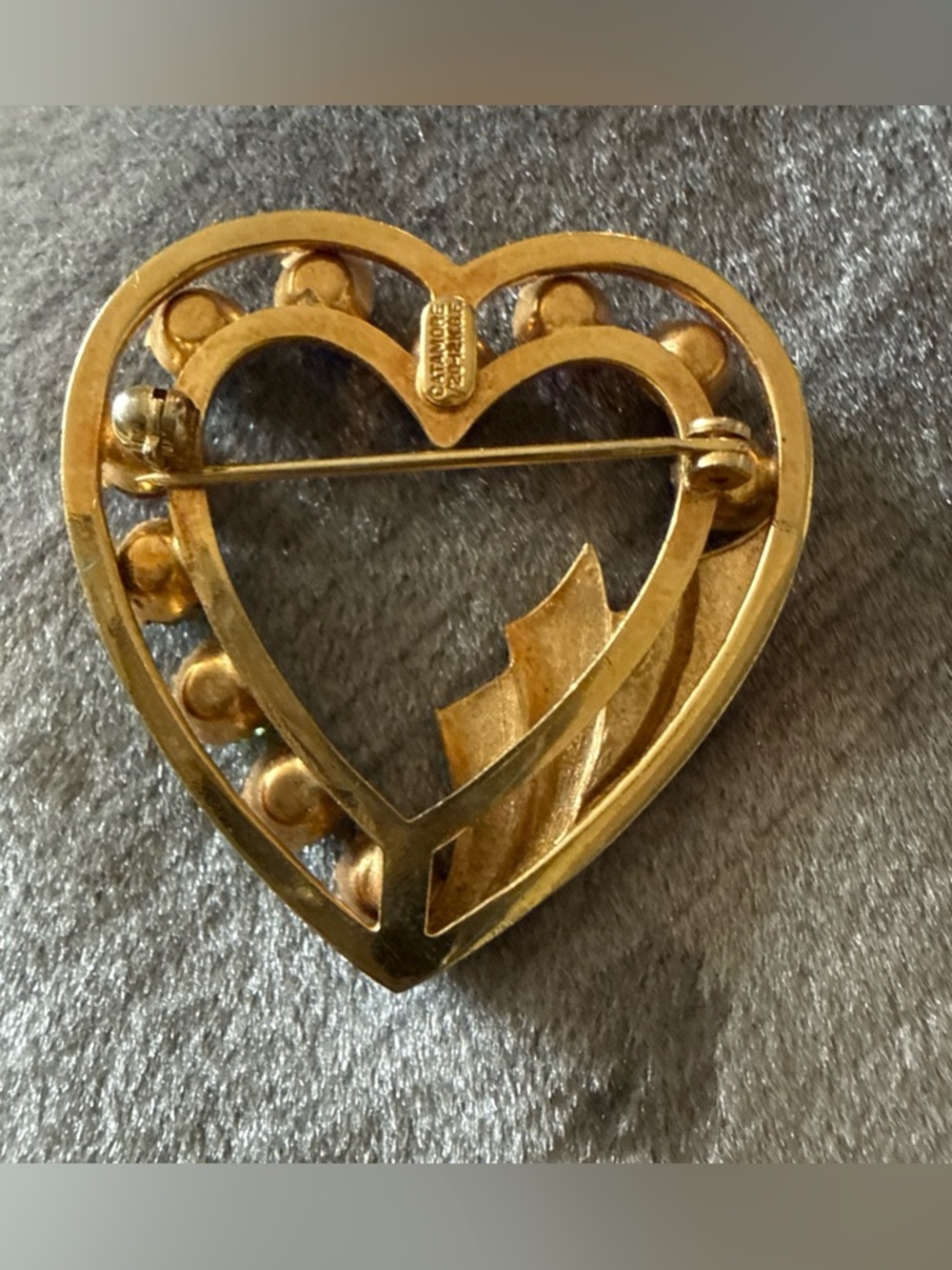 Vintage CATAMORE SIGNED 12K GF Gold Filled Prong-Set Crystal Heart Brooch Pin - Picture 2 of 5